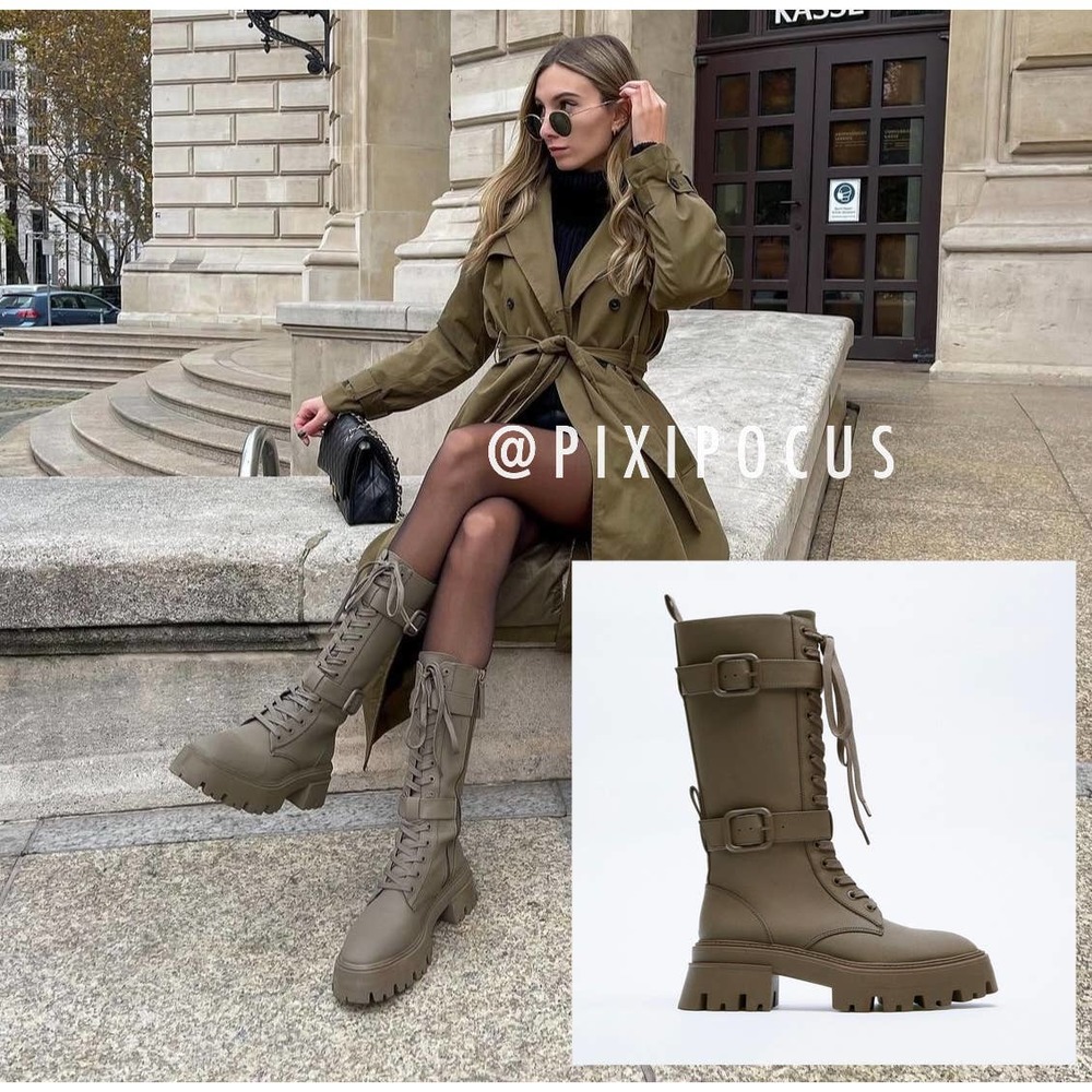 ZARA WAX FINISH LACE UP BOOTS MILITARY GREEN
